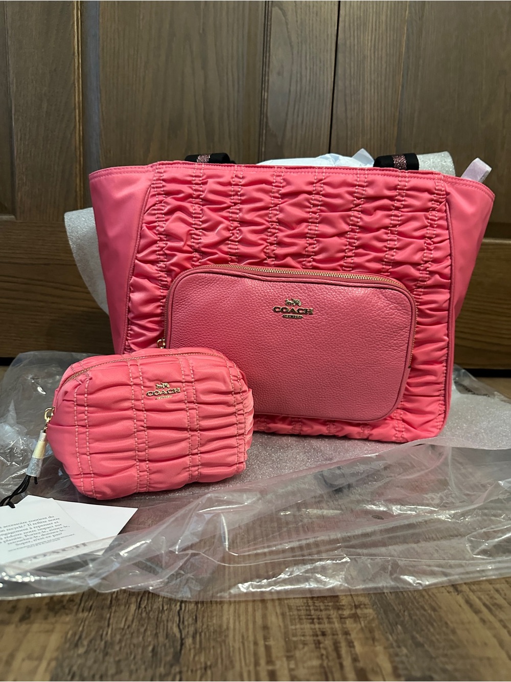 Coach Ruched NYN Court Tote with Matching Boxy Cosmetics Bag Confetti Pink